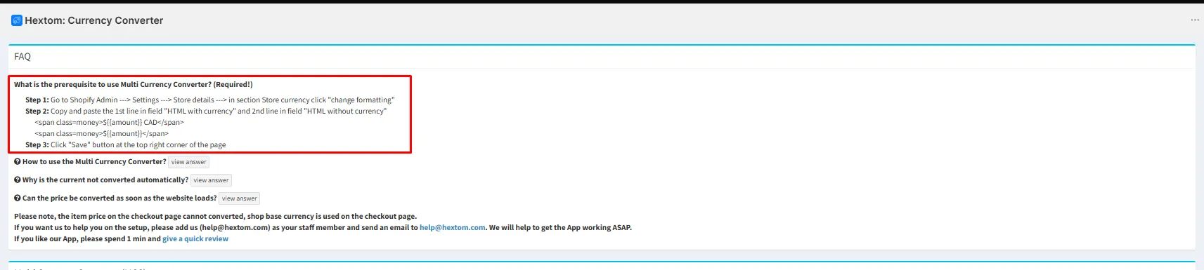 Hextom Currency Converter FAQ showing the HTML formats to copy