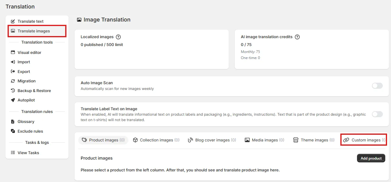 Image Translation page with Translate images selected in the sidebar and the Custom images tab highlighted