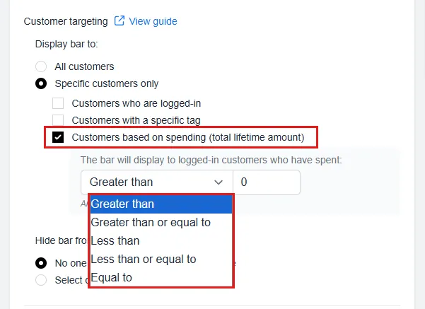 Lifetime Spent condition dropdown