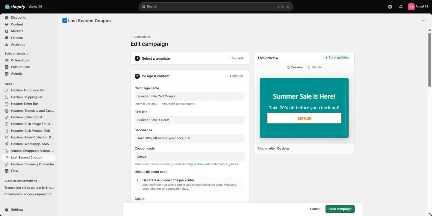 Design and content section with campaign name, first line, second line, and coupon code fields