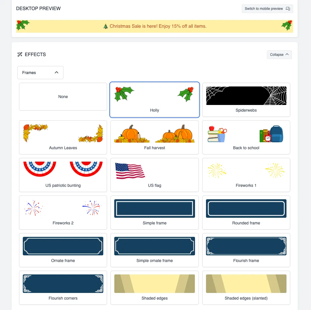 Frames dropdown expanded, showing a gallery of frame options including Holly, Spiderwebs, US flag, and various border styles