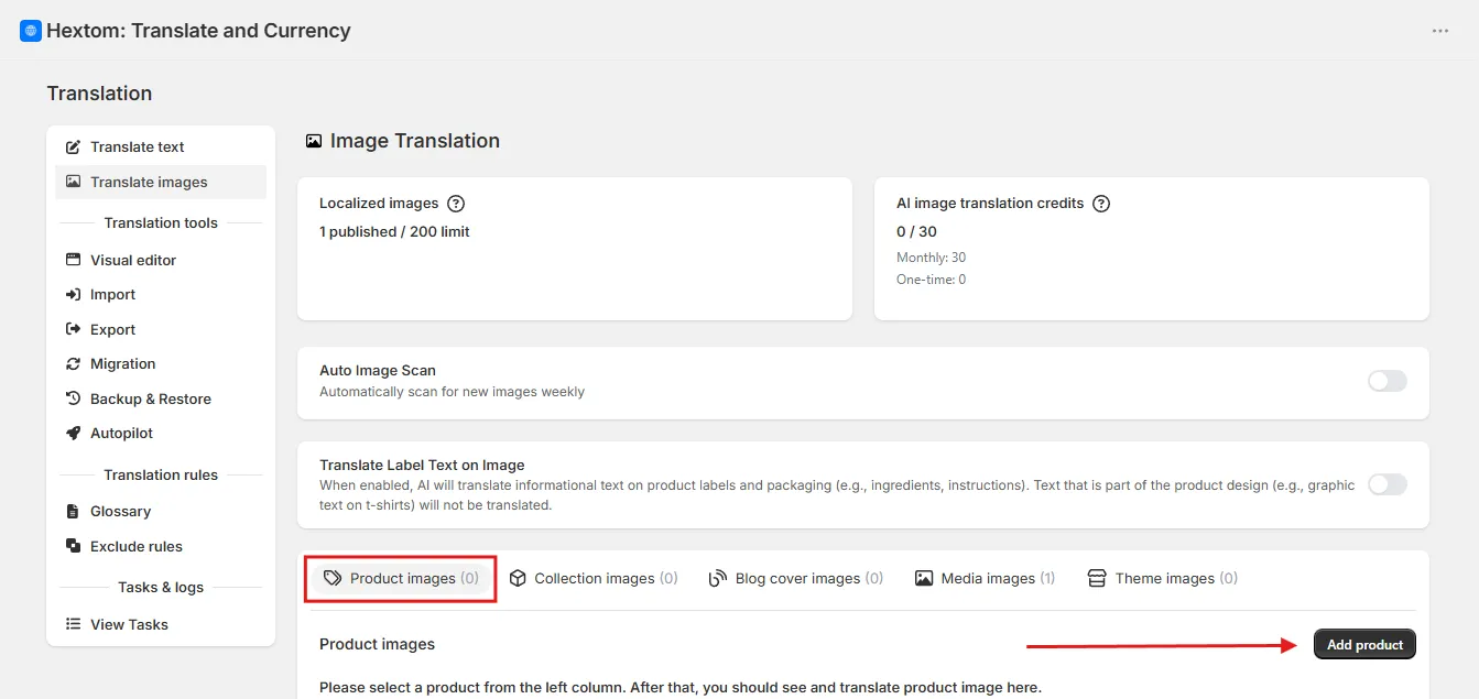 Image Translation dashboard with the Product images tab and Add product button highlighted