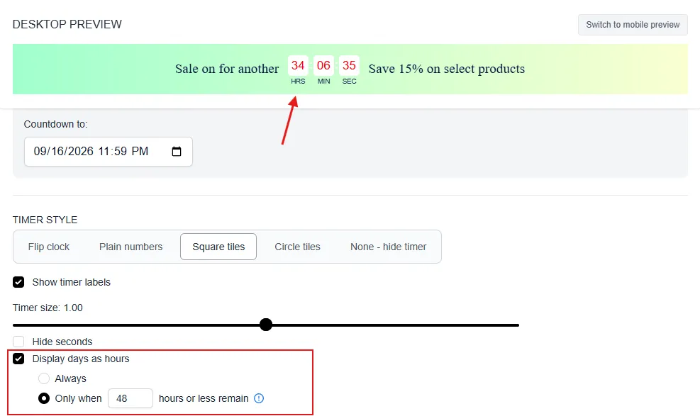 Display days as hours option set to switch when 48 hours or less remain, with the storefront countdown showing 34 hours
