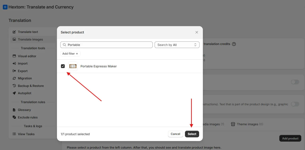 Select product popup with a product chosen and the Select button highlighted