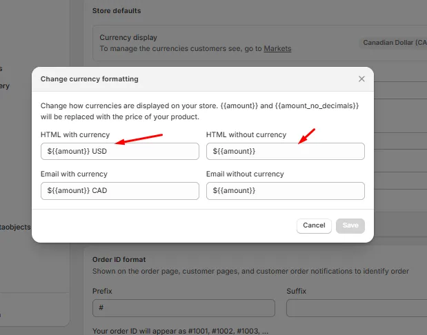 Change currency formatting modal with HTML with currency and HTML without currency fields