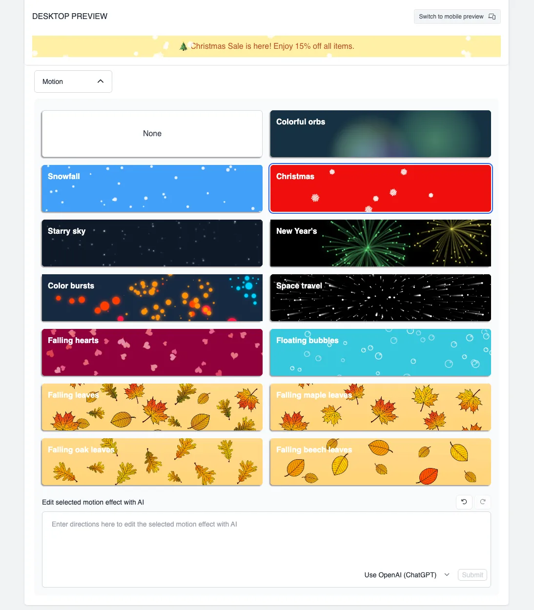 Motion dropdown expanded, showing a gallery of animated background options including Snowfall, Christmas, Starry sky, and Falling leaves