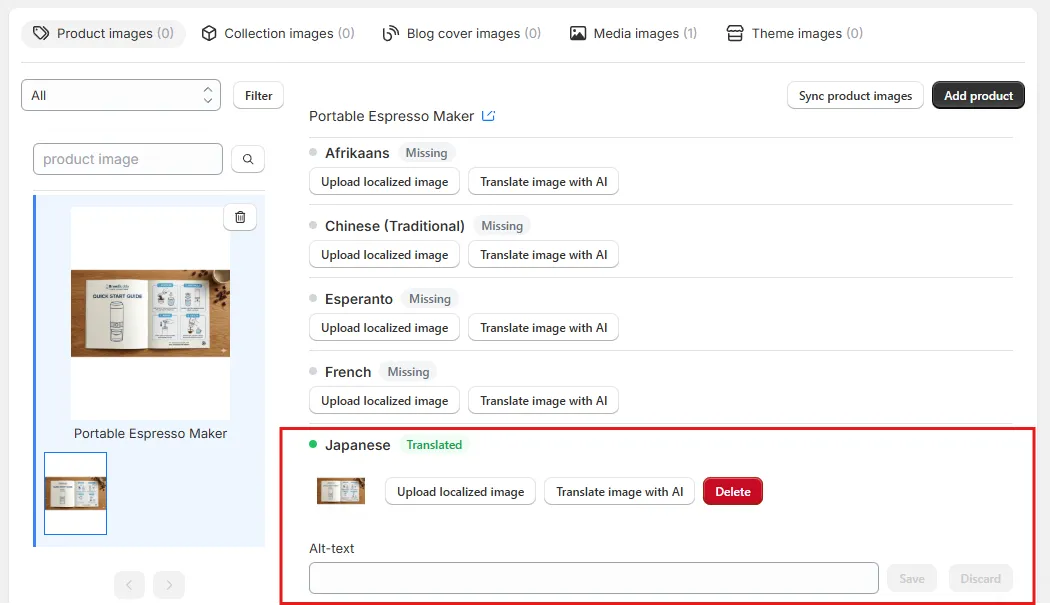 Japanese row showing Translated status with the uploaded image and an Alt-text field