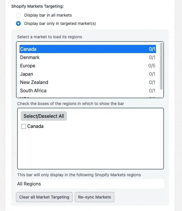 Animation showing how to click a market, choose its countries, and save the targeting selection