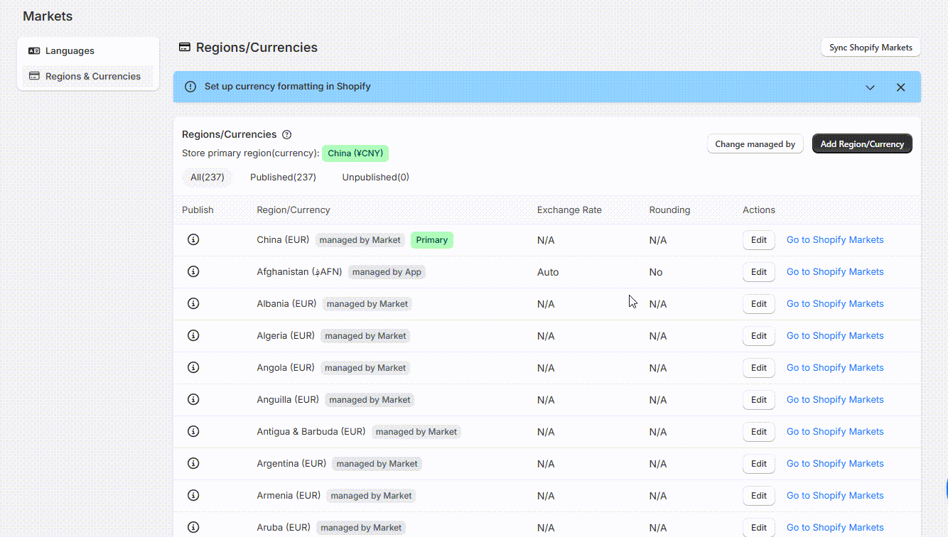 Demo of using Change managed by on the Regions/Currencies page to switch a currency between App and Shopify Markets management