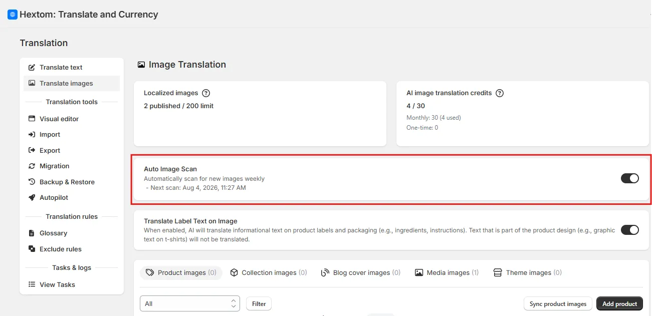 Image Translation dashboard with the Auto Image Scan toggle highlighted