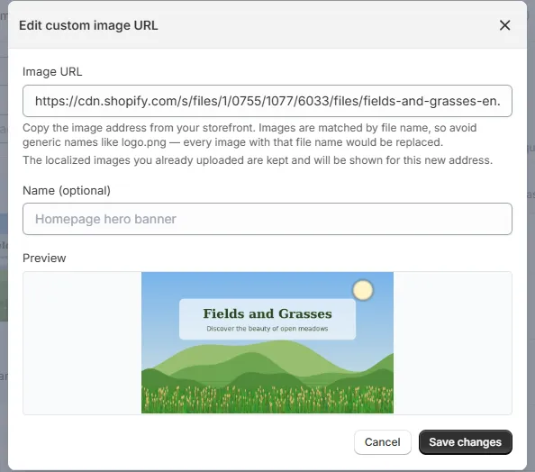 Edit custom image URL popup with the Image URL and Name fields, a preview, and the Save changes button