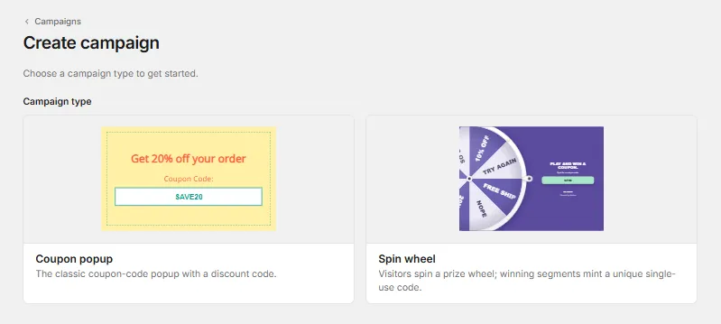 Create campaign screen showing the Coupon popup and Spin wheel campaign types