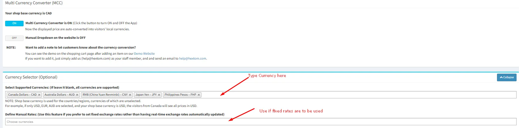 Multi Currency Converter toggle in the app dashboard