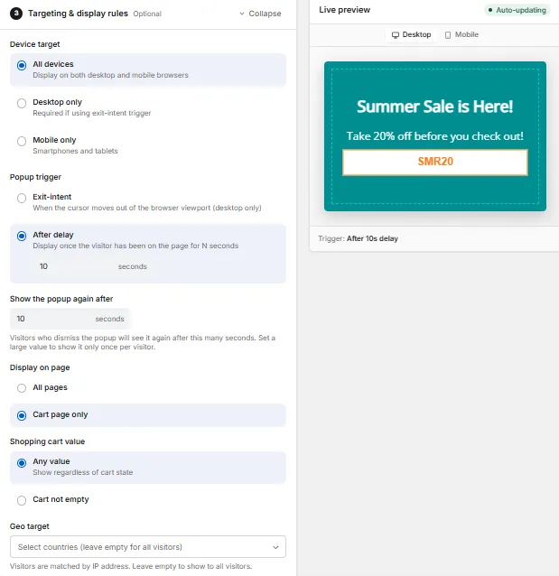 Targeting and display rules panel with device target, popup trigger, and display page settings
