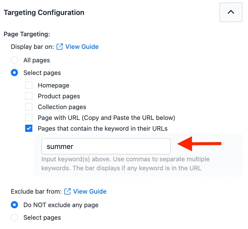 Keyword targeting field with the word summer entered