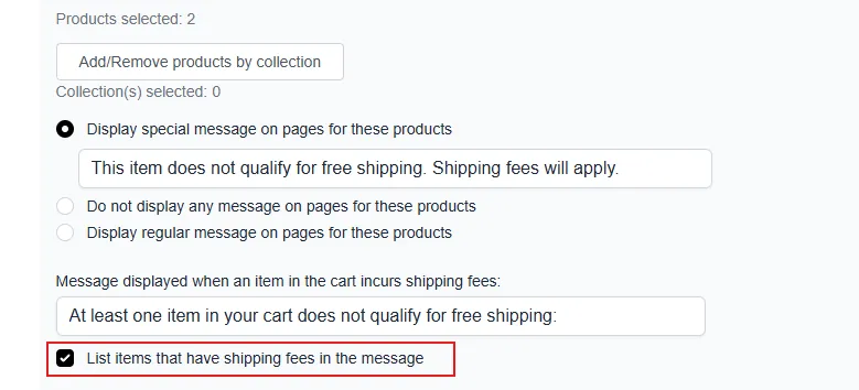 Option to list the fee-incurring item in the cart message