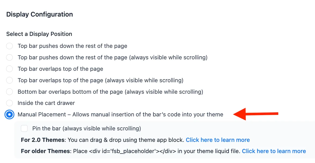 Display Configuration section of the bar campaign showing manual placement option
