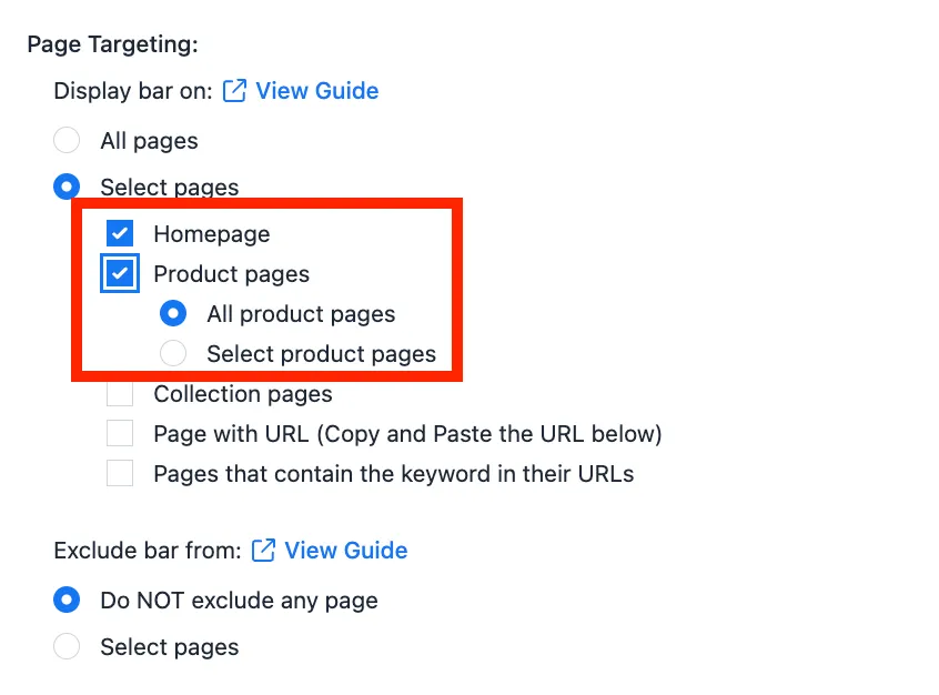 Both Homepage and Product pages options selected simultaneously in the targeting panel