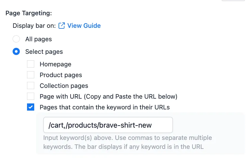 Keyword targeting field with two URL paths entered and separated by a comma