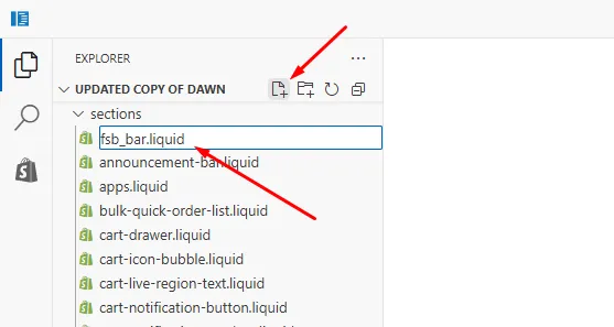 New file icon in the sections folder to create a liquid file