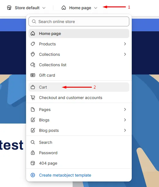 Cart page selected from the top page dropdown in the theme editor