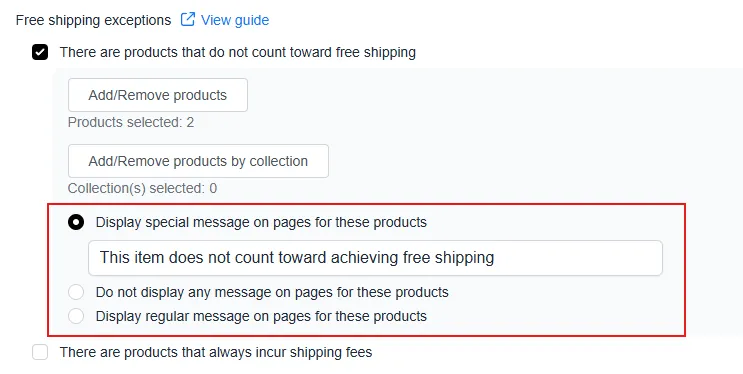 Message settings for product pages of excluded products