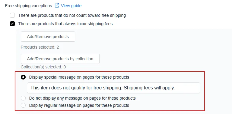 Message settings for product pages of products that always incur shipping fees