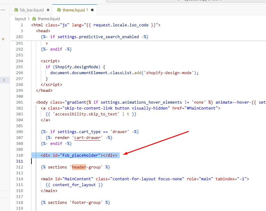 Placeholder code pasted before the header in theme.liquid