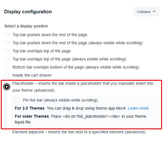Display configuration showing Placeholder option selected