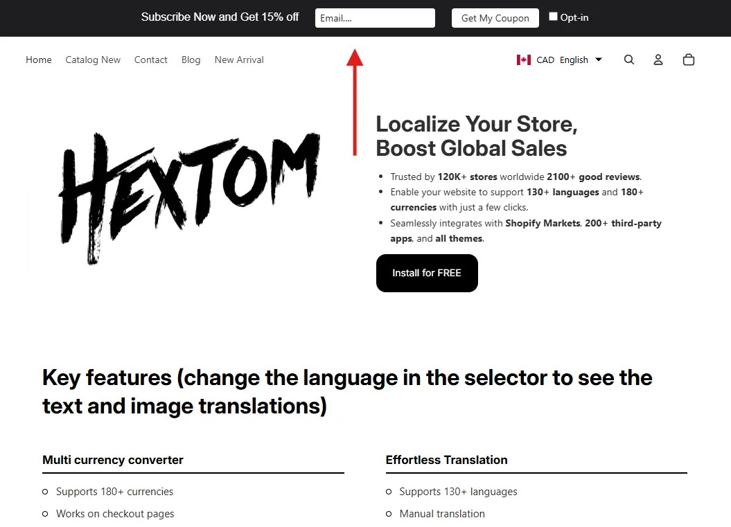 Store preview showing the email collection bar at the top of the page