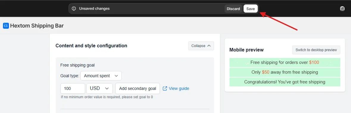 Store preview showing the free shipping bar at the top of the page