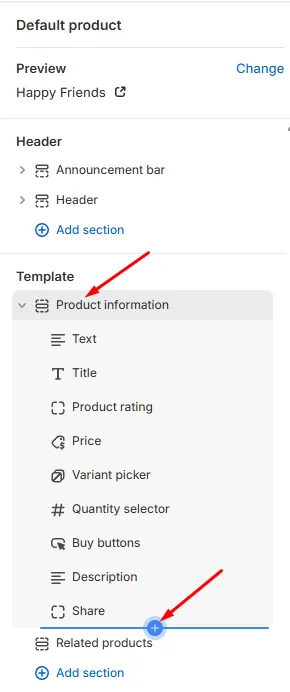 Product information section open in the left side menu of the theme editor