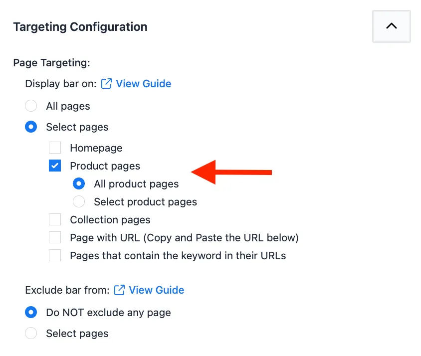 Product pages option selected under the Display bar on targeting settings