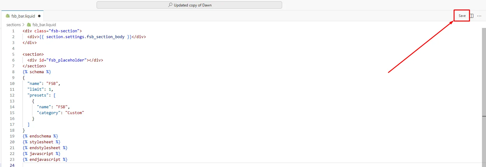 Save button at the top right of the code editor