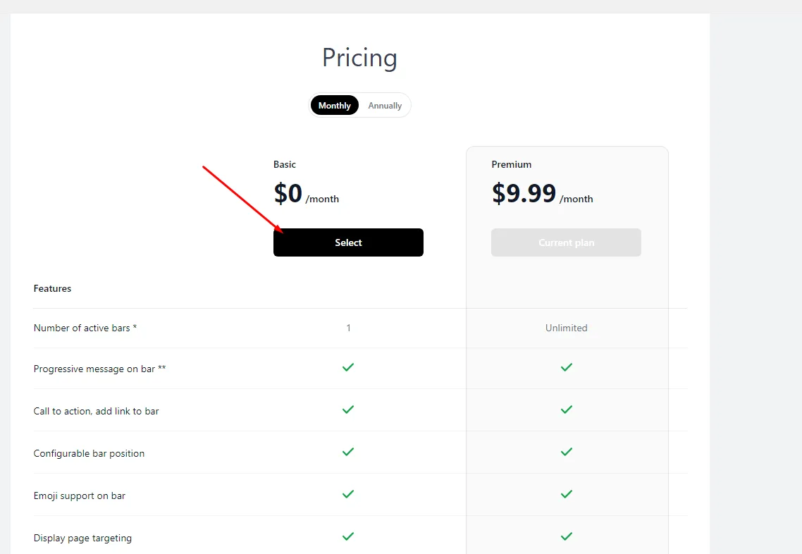 Basic plan selection on the Pricing page