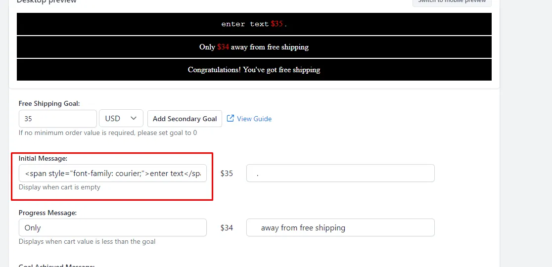 Message field with span tag used to apply a custom font to specific text