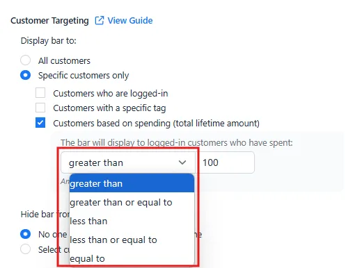 Dropdown for setting lifetime spending conditions such as greater than, less than, or equal to