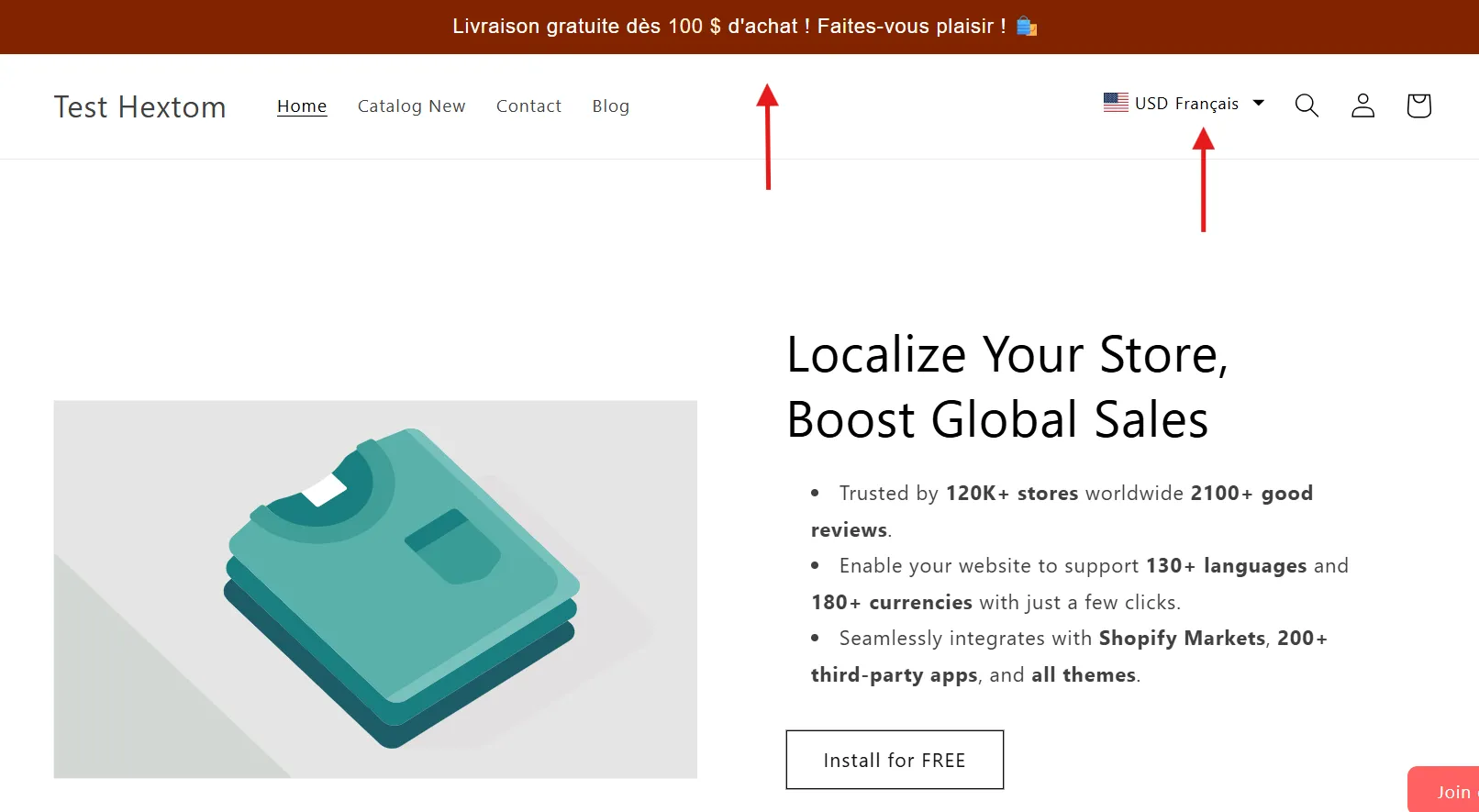 Store preview showing the free shipping bar displaying in a translated language