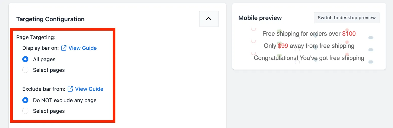 Overview of the page targeting options panel in the Free Shipping Bar settings