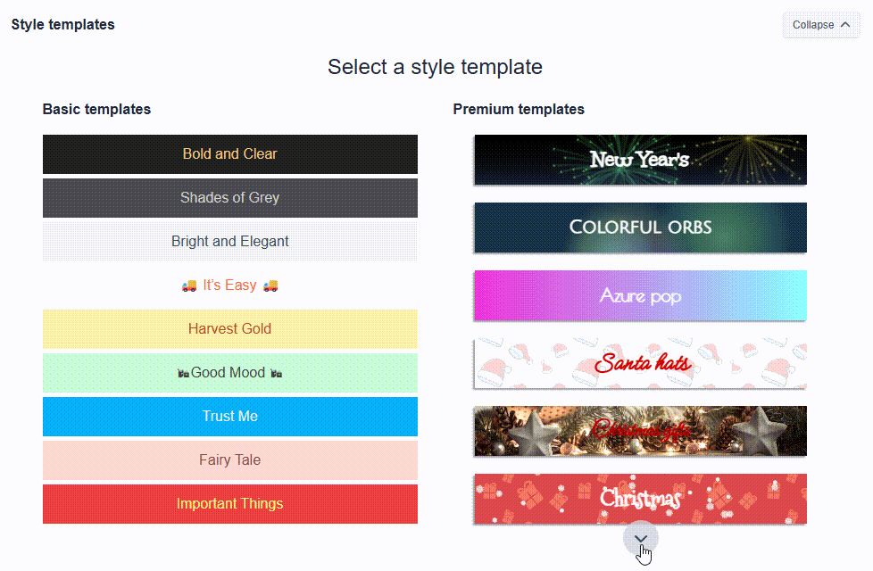 Template selection interface showing available free and premium bar designs