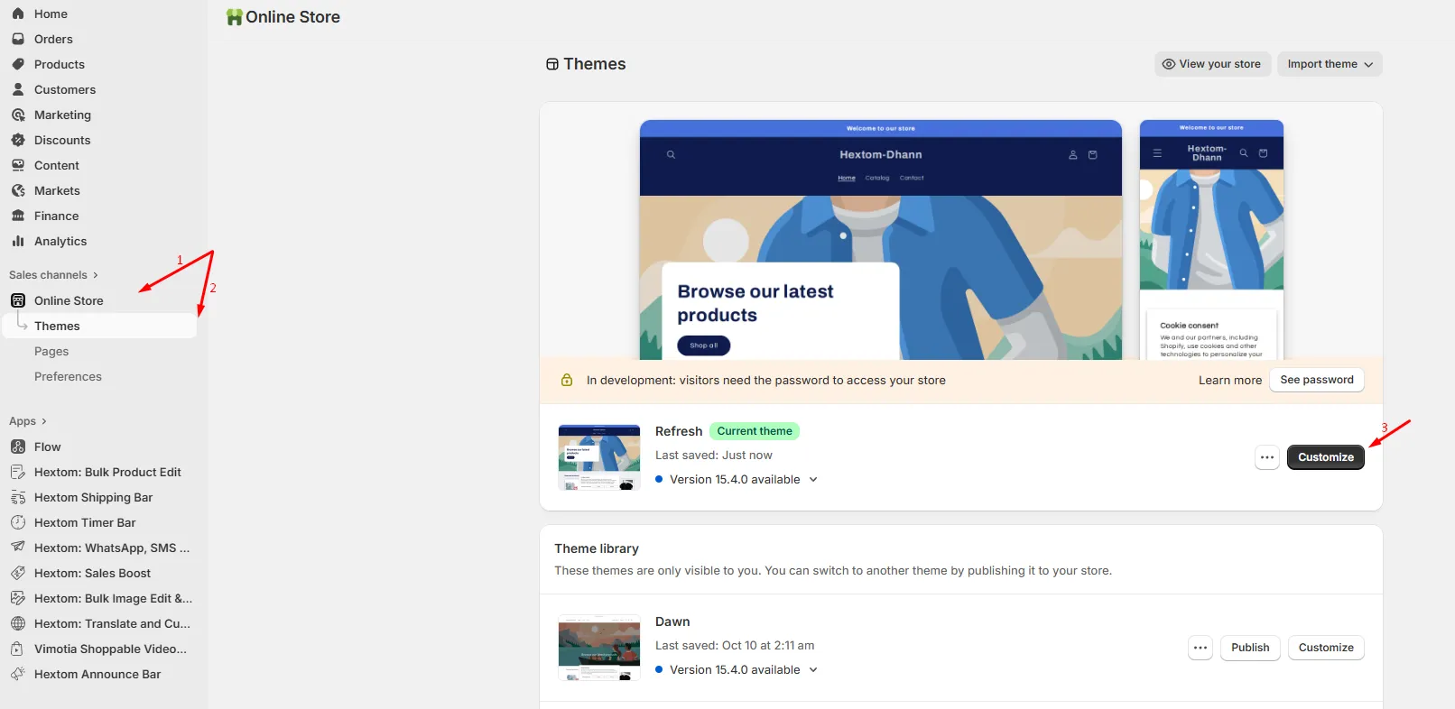 Customize button on the active theme in Shopify admin