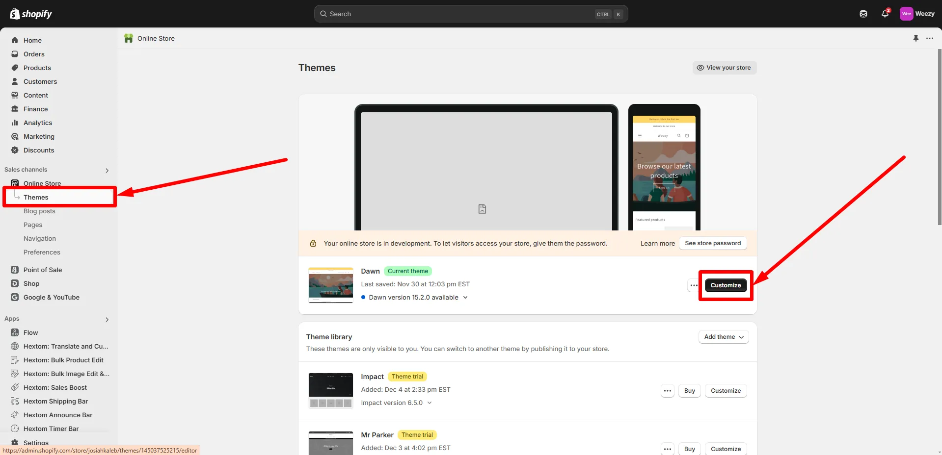 Customize button on the active theme in Shopify admin