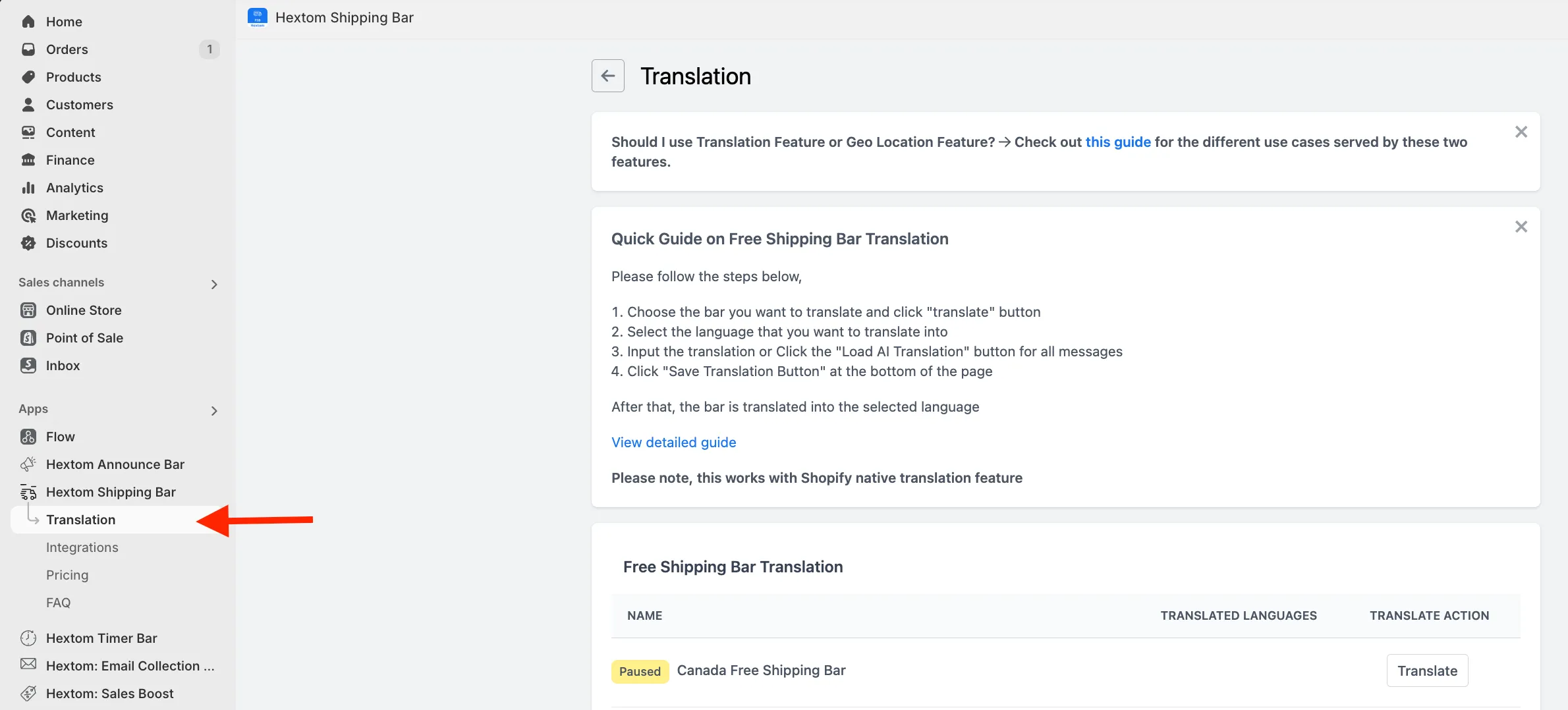 Translation feature example showing bar text translated into multiple languages