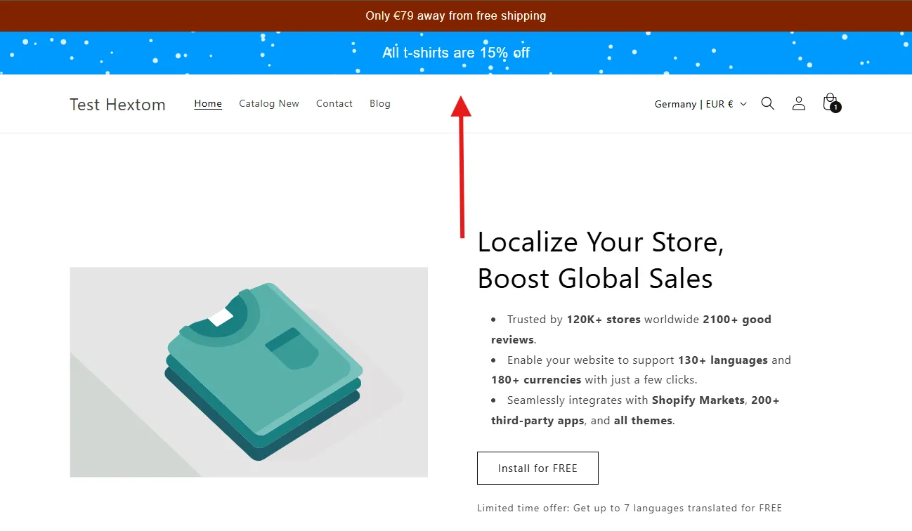 Result showing two bars displayed at the top of the store