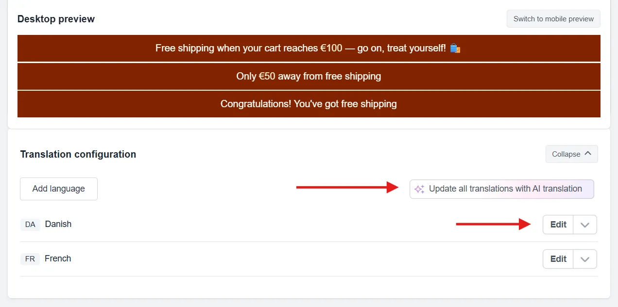 Options to edit individual translations or update all translations using AI