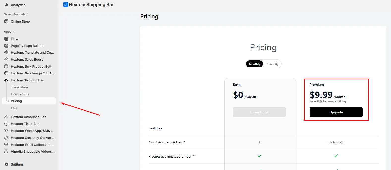 Upgrade plan screen showing monthly and annual billing options in the Free Shipping Bar app